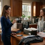Laurel holding a bank card in her kitchen after her husband's sister took her credit card and spent $9,000 overnight.