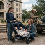 A single mom with little twins standing beside a double stroller while asking her parents for help inside a county courthouse.