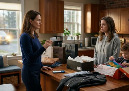 Laurel holding a bank card in her kitchen after her husband's sister took her credit card and spent $9,000 overnight.