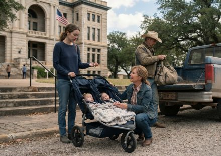 A single mom with little twins standing beside a double stroller while asking her parents for help inside a county courthouse.
