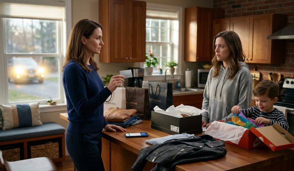 Laurel holding a bank card in her kitchen after her husband's sister took her credit card and spent $9,000 overnight.