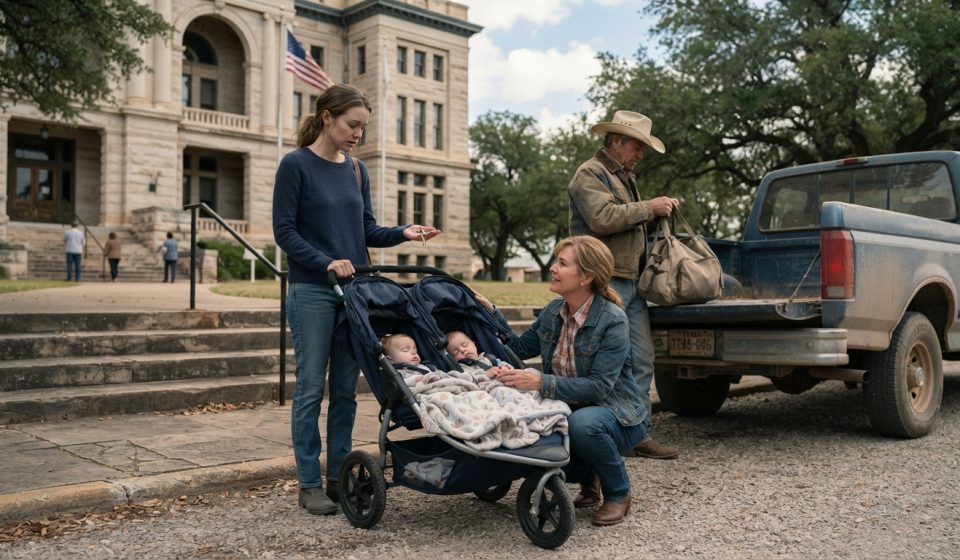 A single mom with little twins standing beside a double stroller while asking her parents for help inside a county courthouse.