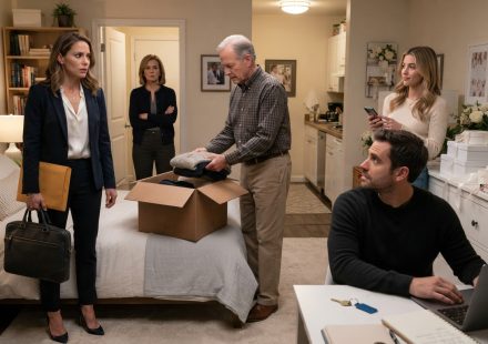 A woman arriving home the night she lost her job and finding her father packing her belongings into a cardboard box.