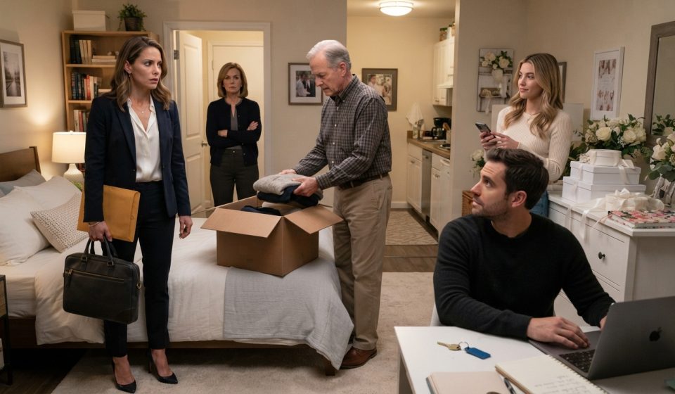 A woman arriving home the night she lost her job and finding her father packing her belongings into a cardboard box.