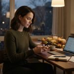 Harper sitting alone at night reading the message that she was banned from Thanksgiving while her laptop rests beside her.