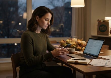 Harper sitting alone at night reading the message that she was banned from Thanksgiving while her laptop rests beside her.