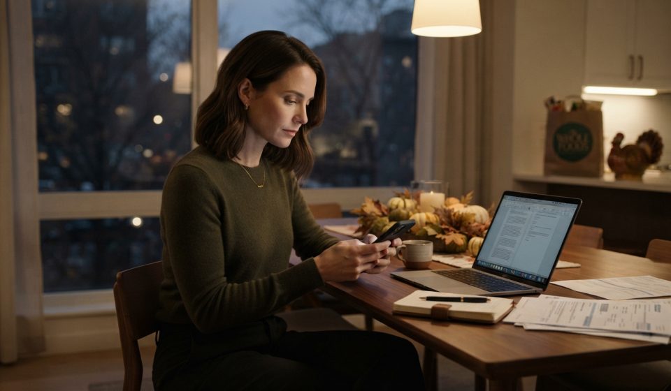 Harper sitting alone at night reading the message that she was banned from Thanksgiving while her laptop rests beside her.