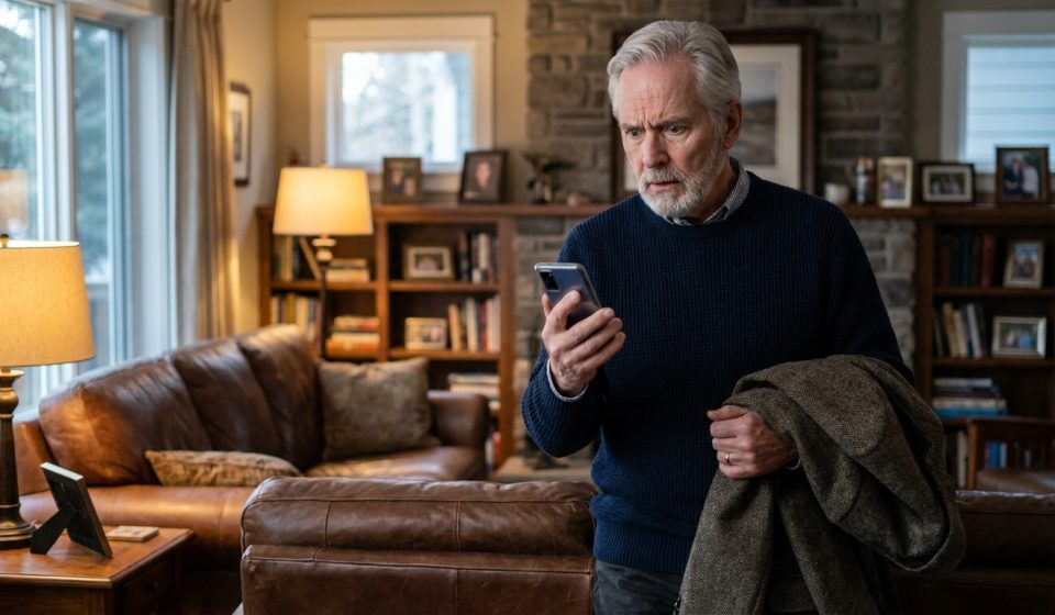 A 67-year-old father staring at his lawyer's urgent warning on his phone before leaving for Sunday dinner at his daughter's house.