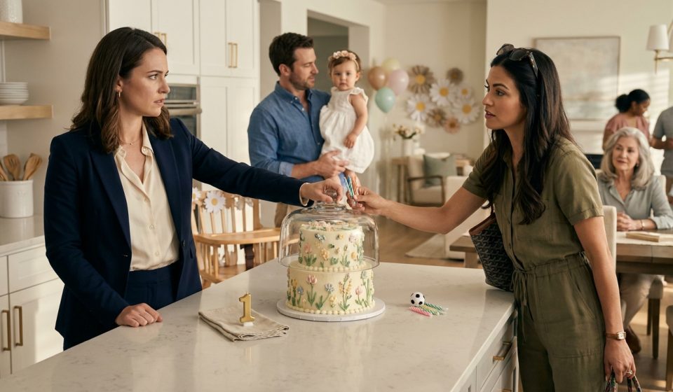 Sister stole my daughter's birthday cake as two mothers confront each other over the custom first-birthday cake in the family kitchen.