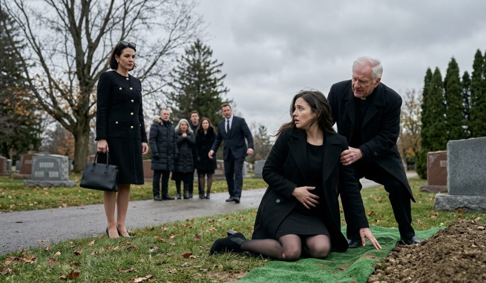Sister-in-law threatened me at funeral as a pregnant widow kneels beside her husband's grave while an elderly pastor pulls her to safety.