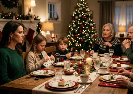 Grandparents canceled Christmas gifts for two children during a family dinner while their mother watches them react to the announcement.