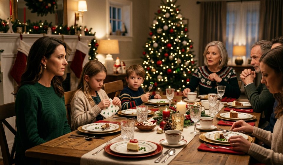 Grandparents canceled Christmas gifts for two children during a family dinner while their mother watches them react to the announcement.