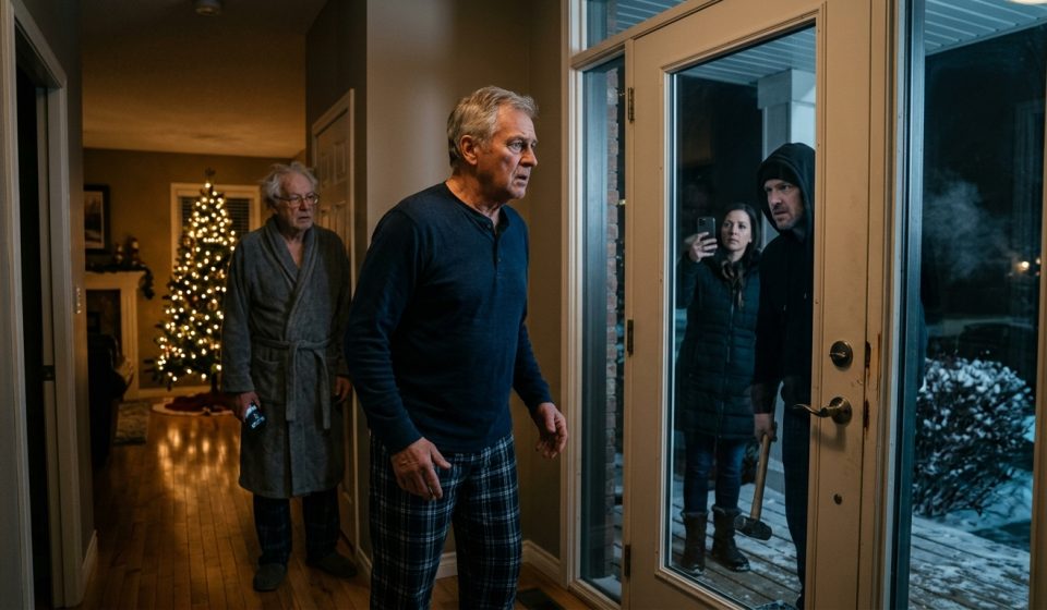 An elderly father stands inside his damaged doorway after his son demanded he sign the papers during a tense 1 a.m. visit.