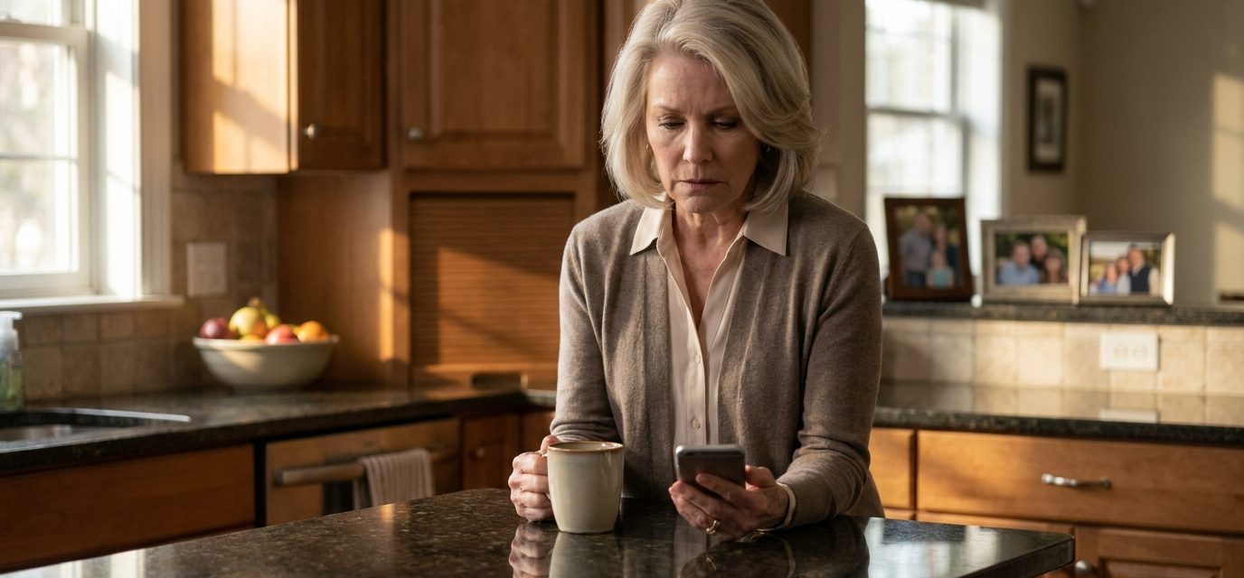 Daughter uninvited mother from dinner as Melissa reads the upsetting message while holding her morning coffee in her kitchen.