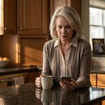 Daughter uninvited mother from dinner as Melissa reads the upsetting message while holding her morning coffee in her kitchen.
