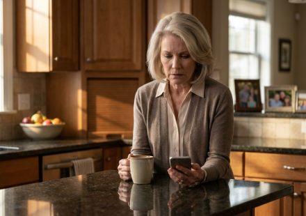 Daughter uninvited mother from dinner as Melissa reads the upsetting message while holding her morning coffee in her kitchen.