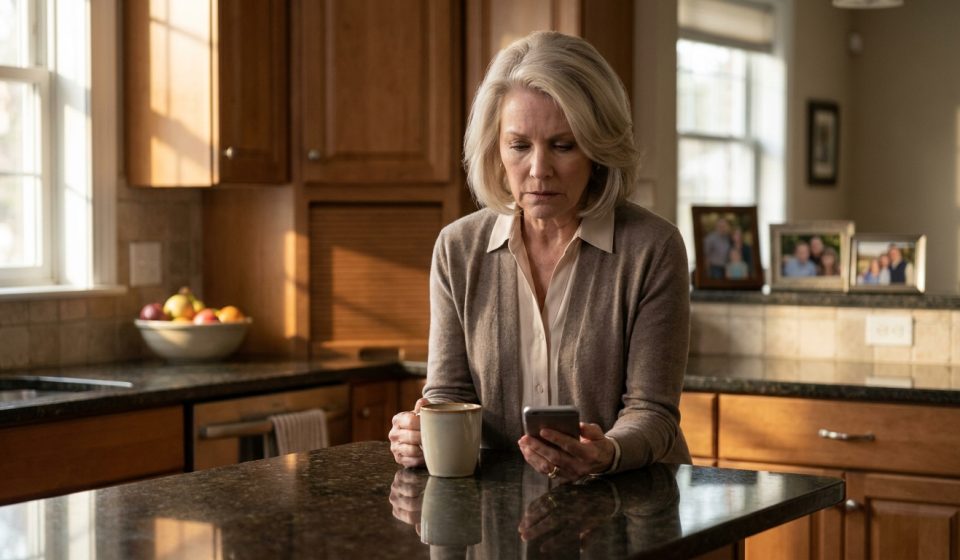 Daughter uninvited mother from dinner as Melissa reads the upsetting message while holding her morning coffee in her kitchen.
