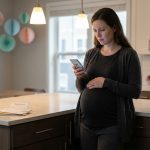 34-week pregnant woman looking at her phone after her family forgot her baby shower