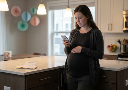 34-week pregnant woman looking at her phone after her family forgot her baby shower