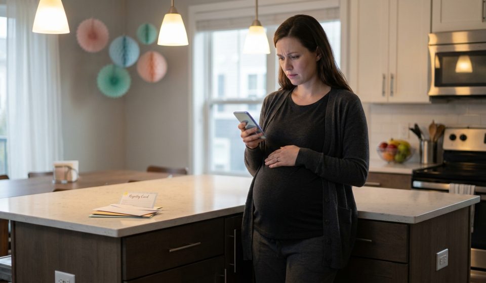 34-week pregnant woman looking at her phone after her family forgot her baby shower