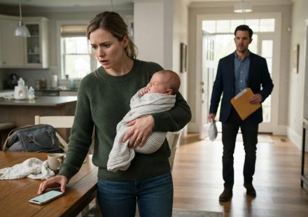 Mother holding her three-month-old baby after her husband's boss texted about our son on his phone.