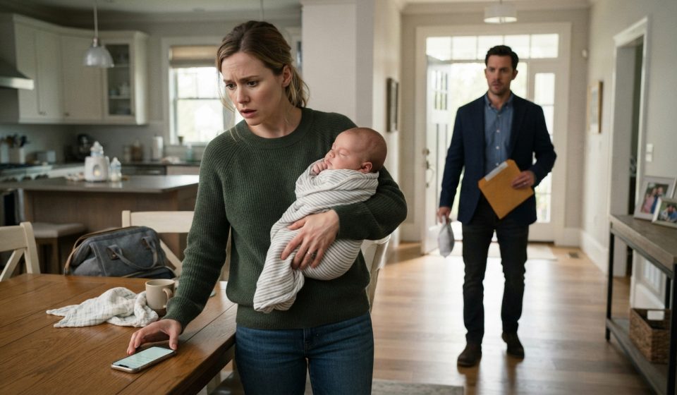 Mother holding her three-month-old baby after her husband's boss texted about our son on his phone.