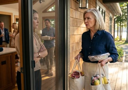 A 64-year-old woman carrying groceries while her daughter-in-law blocks her from entering her own lakehouse.