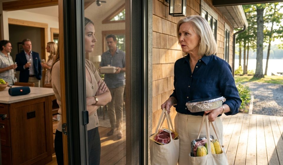 A 64-year-old woman carrying groceries while her daughter-in-law blocks her from entering her own lakehouse.