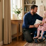 Disabled daughter at the wedding preparing to be a flower girl with her loving uncle before his ceremony.