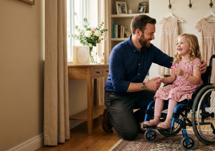 Disabled daughter at the wedding preparing to be a flower girl with her loving uncle before his ceremony.