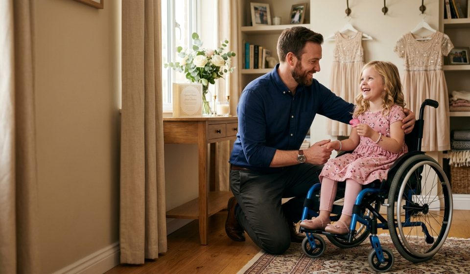 Disabled daughter at the wedding preparing to be a flower girl with her loving uncle before his ceremony.