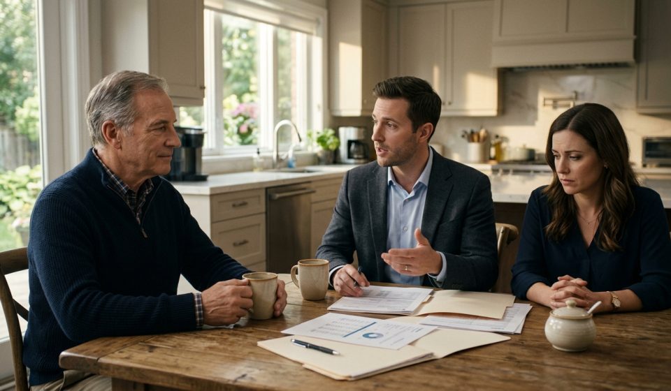 Widowed father at the kitchen table as his son-in-law demanded rent during a tense family discussion