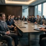 Longtime employee sits calmly before the CEO and executives during a tense corporate boardroom meeting.