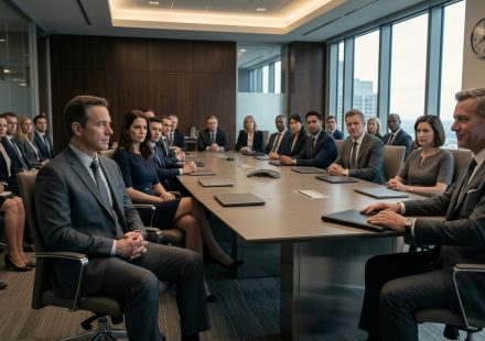 Longtime employee sits calmly before the CEO and executives during a tense corporate boardroom meeting.