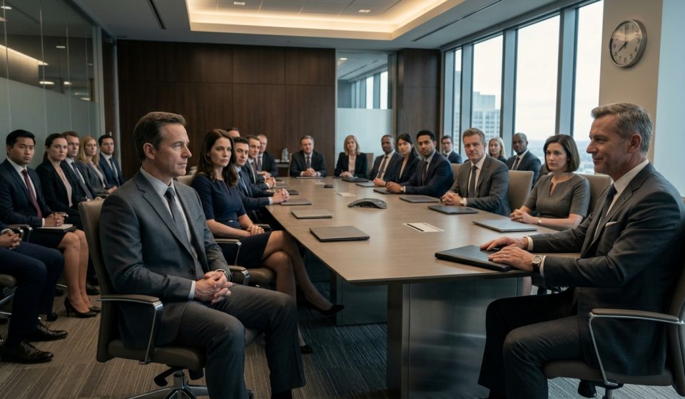 Longtime employee sits calmly before the CEO and executives during a tense corporate boardroom meeting.