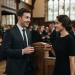 A young man meeting a woman in a black dress at a church funeral reception, where he met his girlfriend at a funeral.