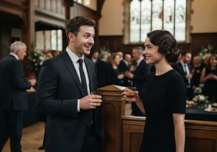 A young man meeting a woman in a black dress at a church funeral reception, where he met his girlfriend at a funeral.