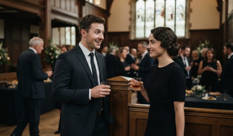 A young man meeting a woman in a black dress at a church funeral reception, where he met his girlfriend at a funeral.