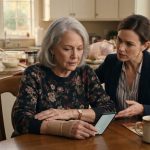 A 67-year-old mother and her daughter reading a 14-dish Thanksgiving list together at the kitchen table.