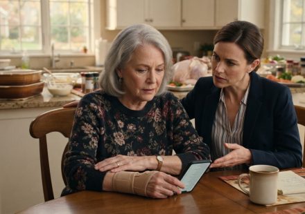A 67-year-old mother and her daughter reading a 14-dish Thanksgiving list together at the kitchen table.
