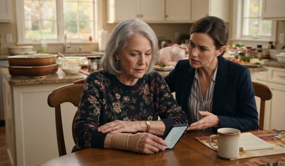 A 67-year-old mother and her daughter reading a 14-dish Thanksgiving list together at the kitchen table.