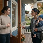 A woman with a baby holds a brass key at Heidi's front door while Heidi looks at her in confusion.