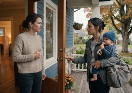 A woman with a baby holds a brass key at Heidi's front door while Heidi looks at her in confusion.