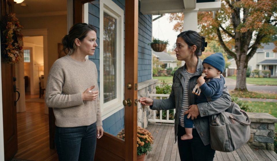A woman with a baby holds a brass key at Heidi's front door while Heidi looks at her in confusion.