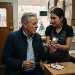 Older father in a café office listening as a nervous barista prepares to show him a disturbing phone recording.