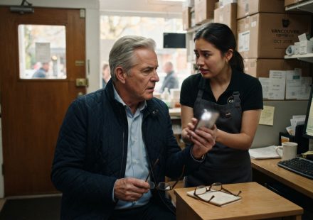 Older father in a café office listening as a nervous barista prepares to show him a disturbing phone recording.