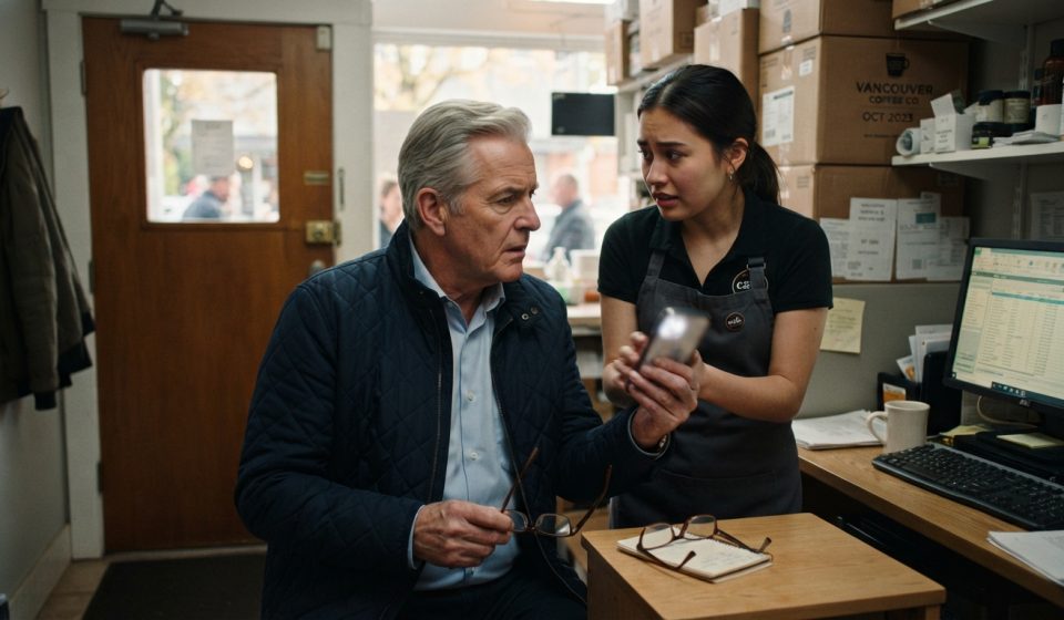 Older father in a café office listening as a nervous barista prepares to show him a disturbing phone recording.