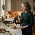 A mother in her Christmas kitchen receives an unexpected phone call from her son while preparing holiday food.