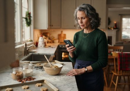 A mother in her Christmas kitchen receives an unexpected phone call from her son while preparing holiday food.