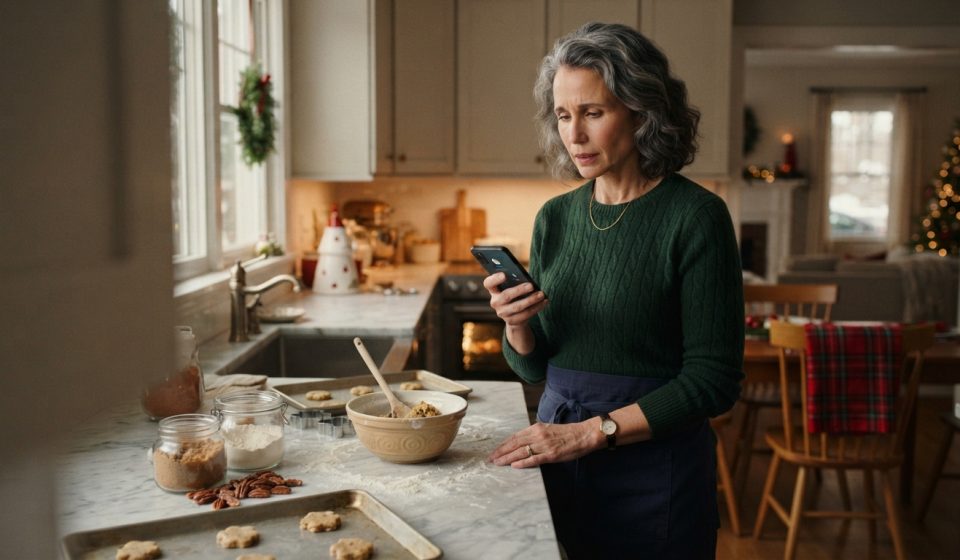 A mother in her Christmas kitchen receives an unexpected phone call from her son while preparing holiday food.